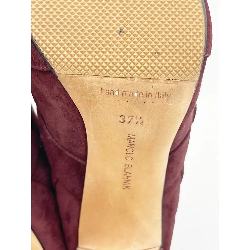 Manolo Blahnik Josimhi Burgundy Suede Buckle Strap Pointed Toe OTK Boots IT 37.5